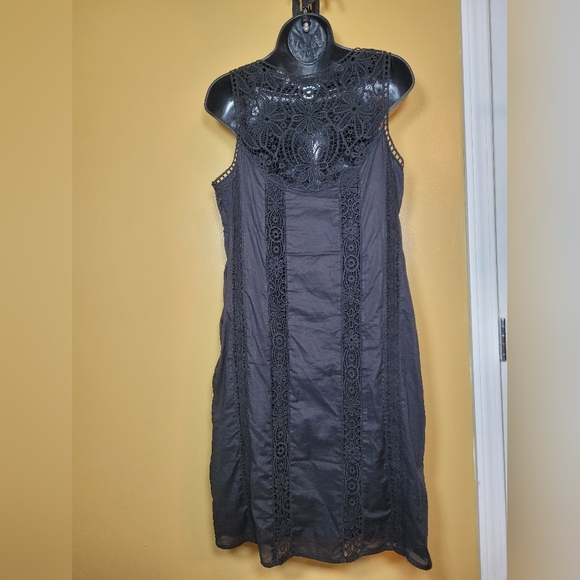 Sundance 100% Cotton Black Pleated Pin Tuck Crochet Boho Dress sz M - Picture 9 of 12